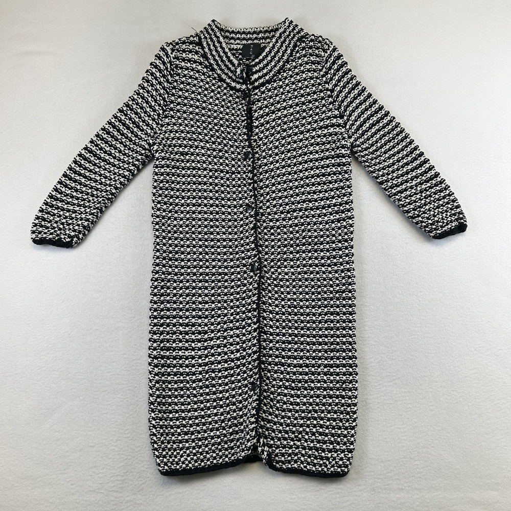 MAG Sweater Womens Small Black White Knit Long Cardigan Pockets Button Front